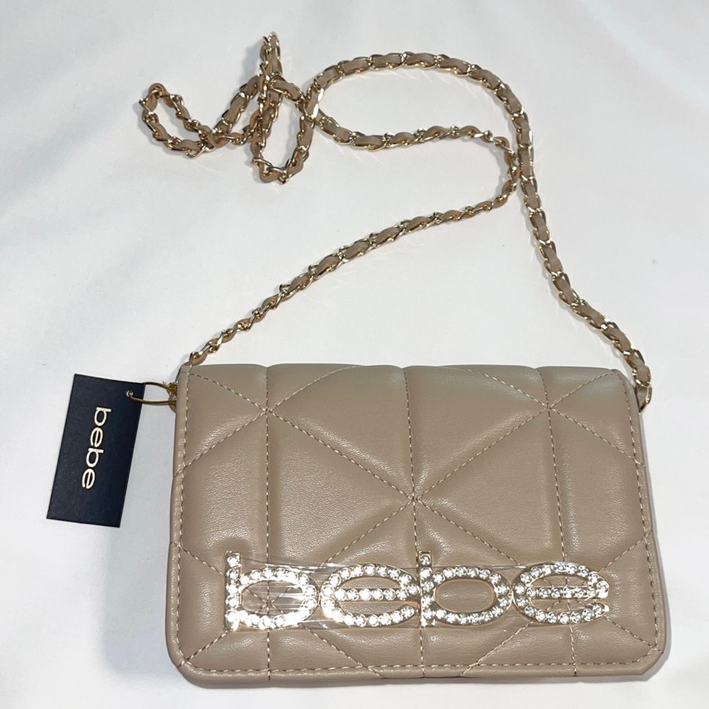 bebe Logo Crossbody Gold Chain Strap Rhinestone Bag